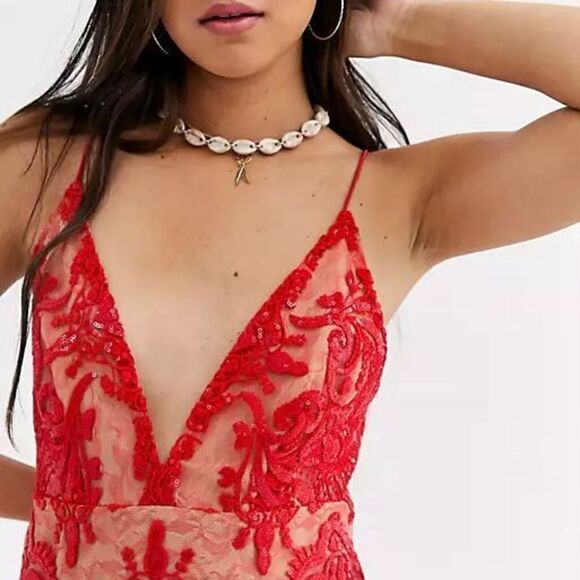 Free People Night Shimmers Lace Sequined D Red - Picture 1 of 11